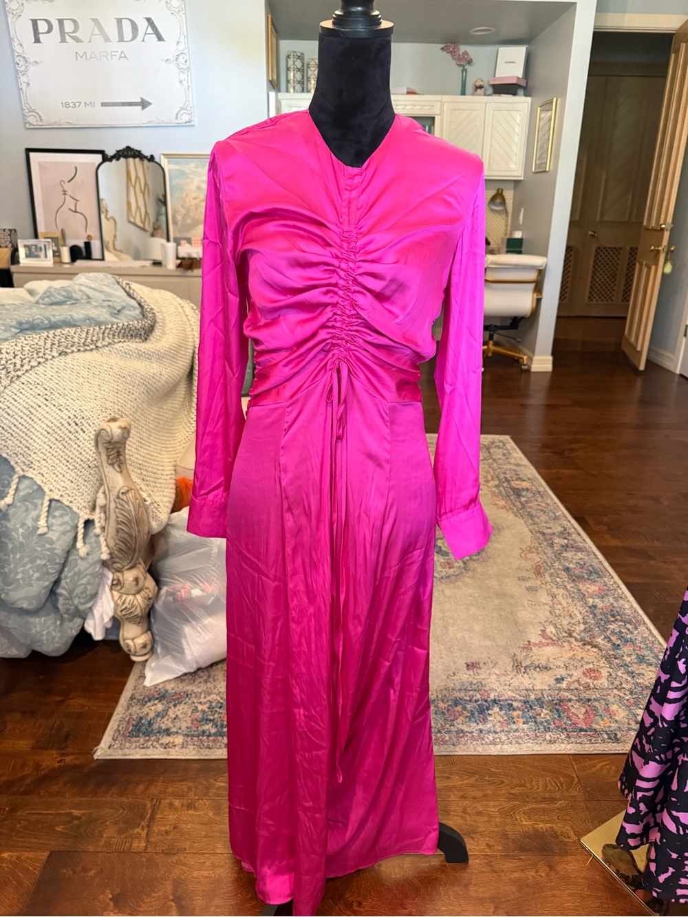Long Sleeve Ruched Fuchsia Satin Maxi Dress